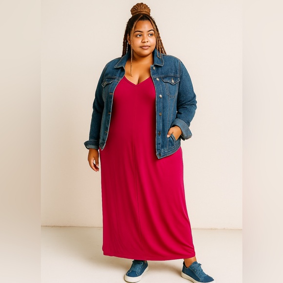 Brand New V Neck Plus Size Maxi Dress Magenta Size Various - Picture 3 of 11